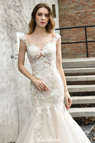 Cap Sleeves Lace Mermaid Wedding Dress White/Ivory Floral Garden Bridal Gown