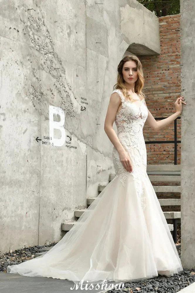 Cap Sleeves Lace Mermaid Wedding Dress White/Ivory Floral Garden Bridal Gown by misshow.com