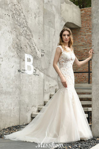 Cap Sleeves Lace Mermaid Wedding Dress White/Ivory Floral Garden Bridal Gown