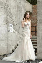 Cap Sleeves Lace Mermaid Wedding Dress White/Ivory Floral Garden Bridal Gown by misshow.com