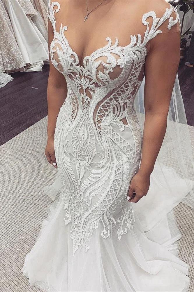 Cap Sleeves Lace Mermaid Wedding Dress by misshow.com