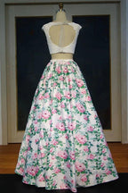 Cap Sleeves Lace Top A-line Two-piece Printed Flowers Prom Dresses by misshow.com