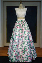 Cap Sleeves Lace Top A-line Two-piece Printed Flowers Prom Dresses by misshow.com