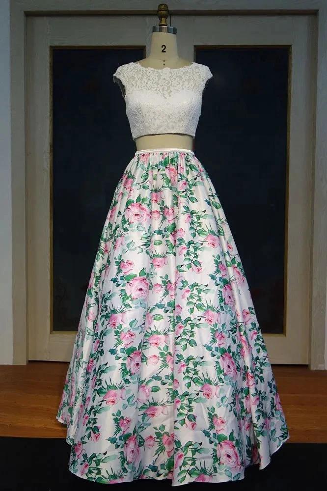 Cap Sleeves Lace Top A-line Two-piece Printed Flowers Prom Dresses by misshow.com