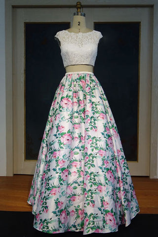 Vestidos de fiesta de dos piezas con mangas cortas, top de encaje y corte A con estampado floral