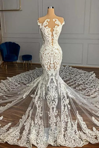 Luxury Mermaid Jewel Neck Tulle Long Beading Wedding Dress with Appliques Lace