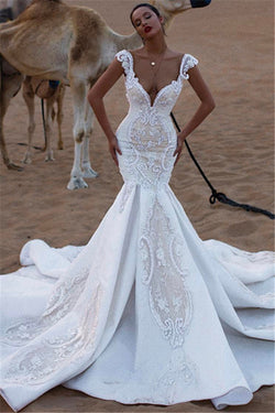 Cap Sleeves Mermaid Lace Wedding Dress V-Neck Long (ZD17535)