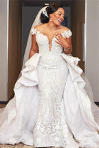 Cap Sleeves Mermaid Long Wedding Dress with Ruffles Overskirt by misshow.com