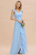 Cap Sleeves Ruffle Chiffon Hi-Lo Bridesmaid Dress A-line Wedding Party Dress by misshow.com