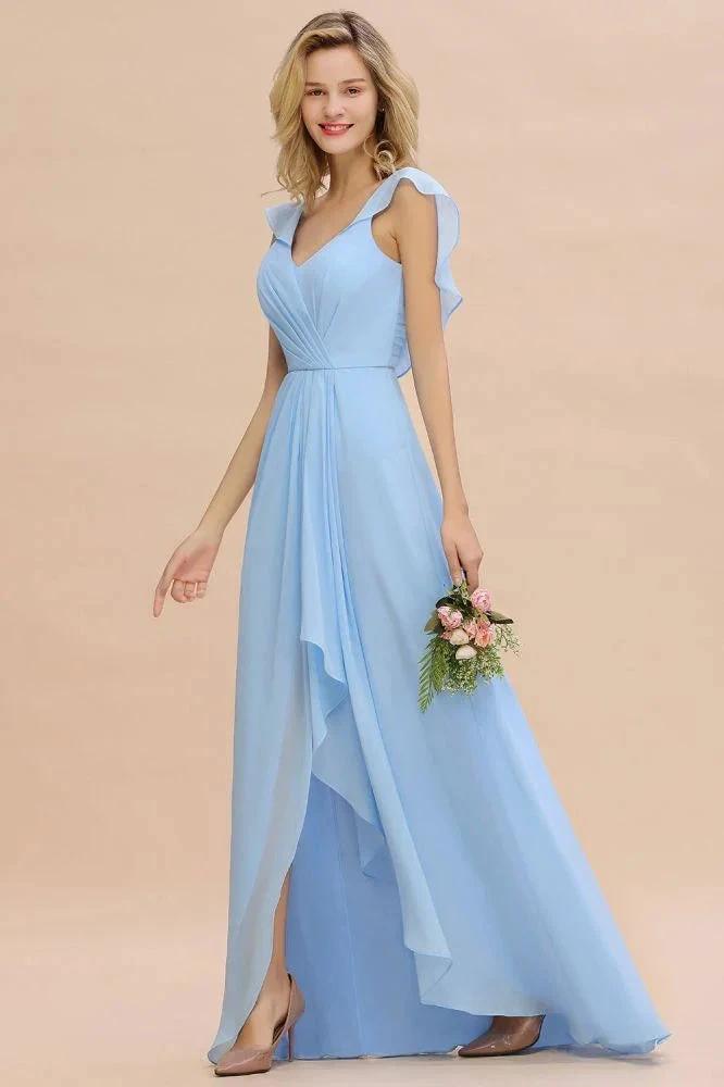Cap Sleeves Ruffle Chiffon Hi-Lo Bridesmaid Dress A-line Wedding Party Dress by misshow.com