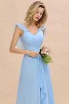 Cap Sleeves Ruffle Chiffon Hi-Lo Bridesmaid Dress A-line Wedding Party Dress by misshow.com