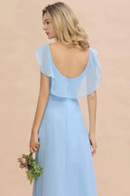 Cap Sleeves Ruffle Chiffon Hi-Lo Bridesmaid Dress A-line Wedding Party Dress by misshow.com