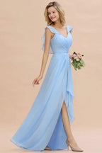 Cap Sleeves Ruffle Chiffon Hi-Lo Bridesmaid Dress A-line Wedding Party Dress by misshow.com