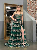 Capri | Green Crystal Sequins Princess A Line Off the Shoulder Prom Dress with Lace Ruffles by KissProm