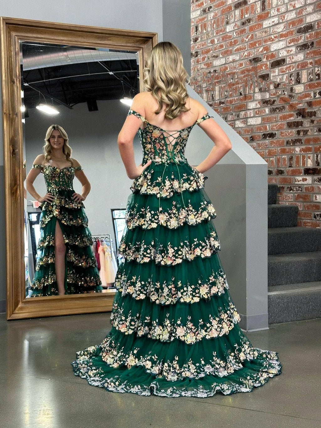 Capri | Green Crystal Sequins Princess A Line Off the Shoulder Prom Dress with Lace Ruffles by KissProm
