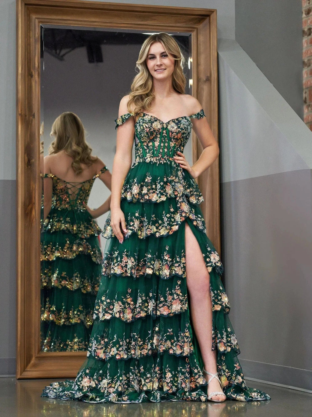 Capri | Green Crystal Sequins Princess A Line Off the Shoulder Prom Dress with Lace Ruffles by KissProm