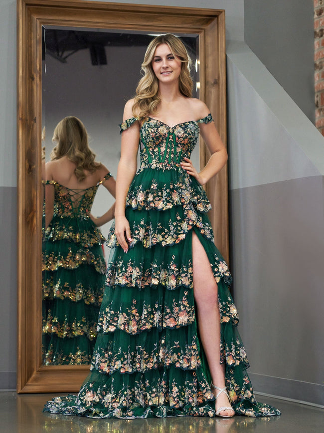 Capri | Green Crystal Sequins Princess A Line Off the Shoulder Prom Dress with Lace Ruffles Hover Image