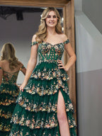 Capri | Green Crystal Sequins Princess A Line Off the Shoulder Prom Dress with Lace Ruffles by KissProm