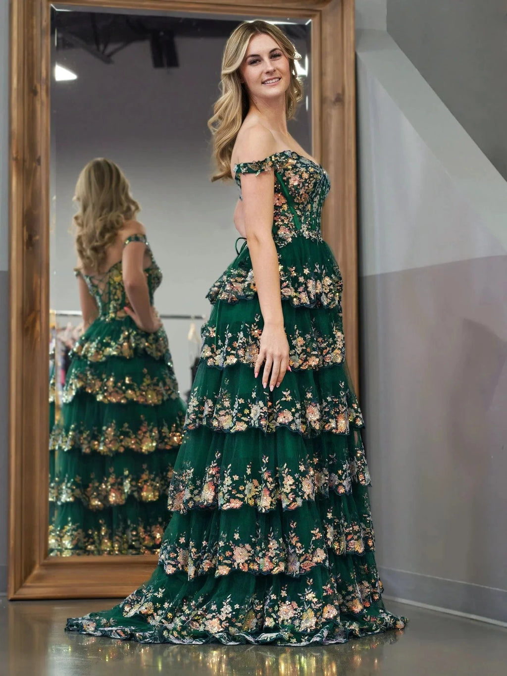 Capri | Green Crystal Sequins Princess A Line Off the Shoulder Prom Dress with Lace Ruffles by KissProm