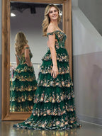 Capri | Green Crystal Sequins Princess A Line Off the Shoulder Prom Dress with Lace Ruffles by KissProm