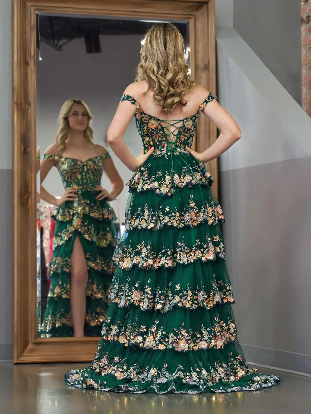 Capri | Green Crystal Sequins Princess A Line Off the Shoulder Prom Dress with Lace Ruffles by KissProm