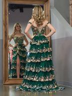 Capri | Green Crystal Sequins Princess A Line Off the Shoulder Prom Dress with Lace Ruffles by KissProm