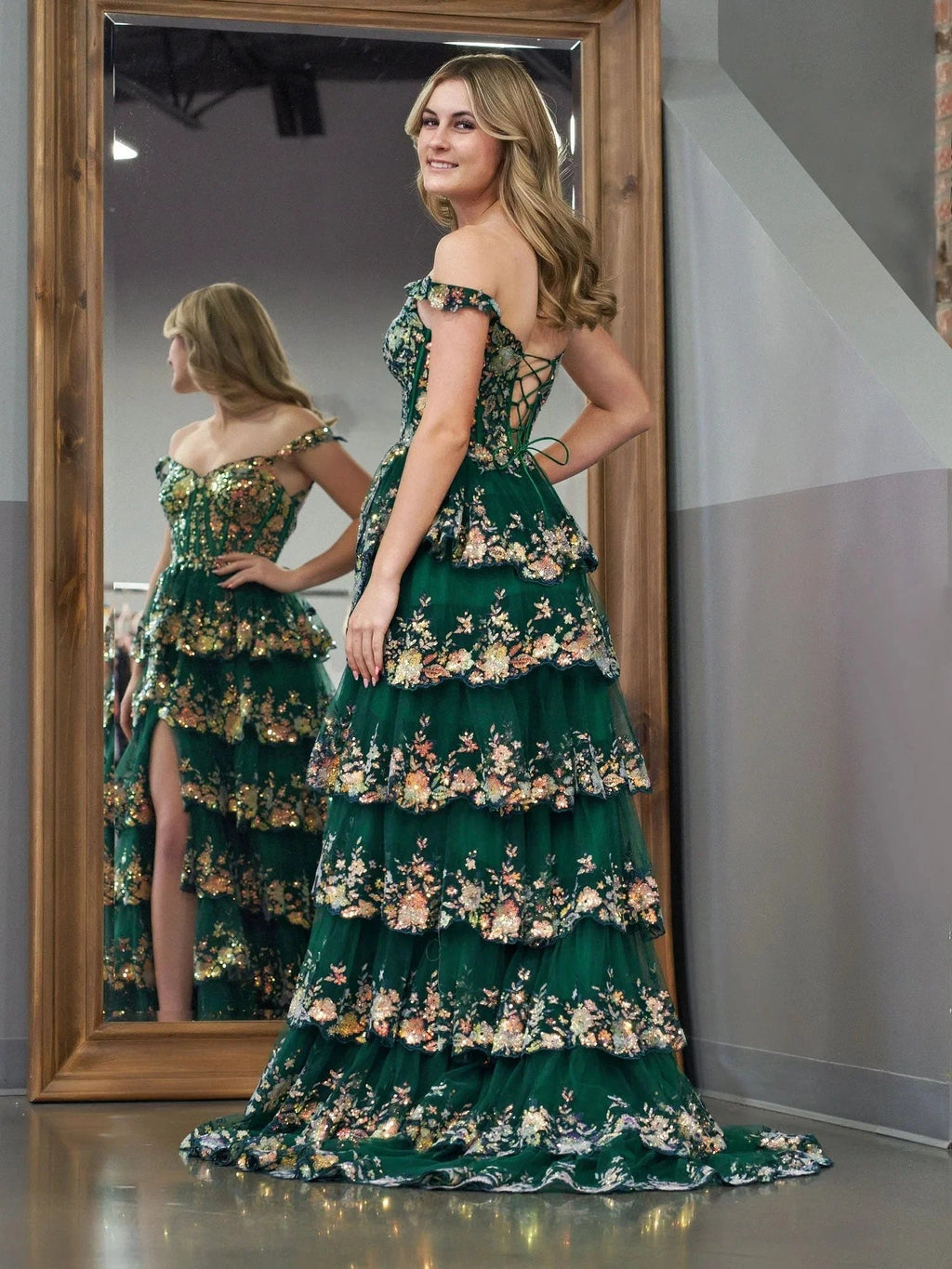Capri | Green Crystal Sequins Princess A Line Off the Shoulder Prom Dress with Lace Ruffles by KissProm