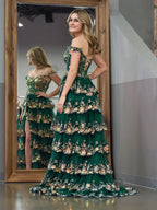 Capri | Green Crystal Sequins Princess A Line Off the Shoulder Prom Dress with Lace Ruffles by KissProm