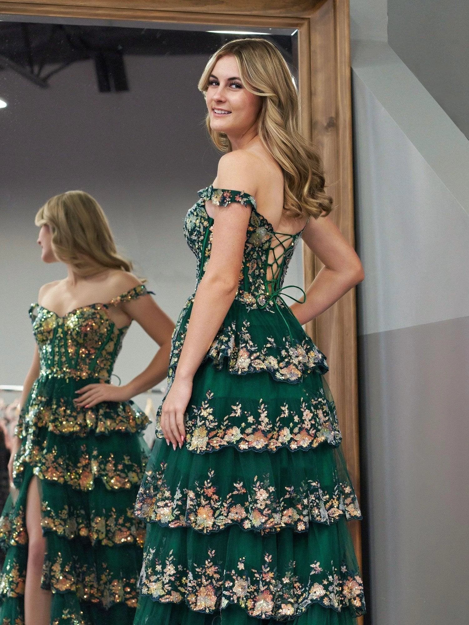 Capri | Green Crystal Sequins Princess A Line Off the Shoulder Prom Dress with Lace Ruffles by KissProm