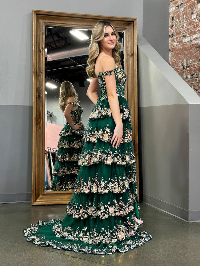 Capri | Green Crystal Sequins Princess A Line Off the Shoulder Prom Dress with Lace Ruffles Main Image
