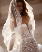 White Nude Lace Mermaid Wedding Dress Luxury Beaded Sequins   Tulle Gloves SW161
