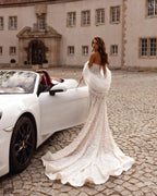 White Nude Lace Mermaid Wedding Dress Luxury Beaded Sequins   Tulle Gloves SW161