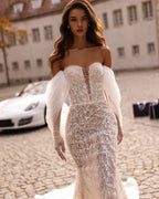 White Nude Lace Mermaid Wedding Dress Luxury Beaded Sequins   Tulle Gloves SW161