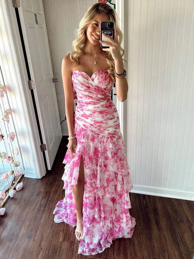 Cassian | Mermaid Sweetheart Printed Chiffon Long Prom Dresses with Slit Hover Image