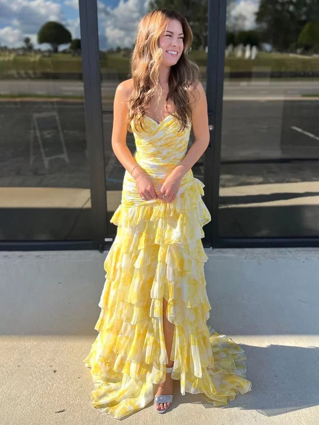 Cassian | Mermaid Sweetheart Printed Chiffon Long Prom Dresses with Slit Main Image