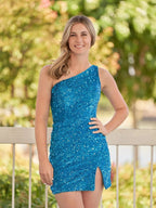Sheath One Shoulder Blue Sequin Homecoming Dress With Slit by KissProm