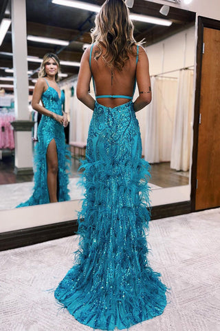Sonia | Jade Pailletten Spitze V-Ausschnitt Meerjungfrau Ballkleid mit Schlitz