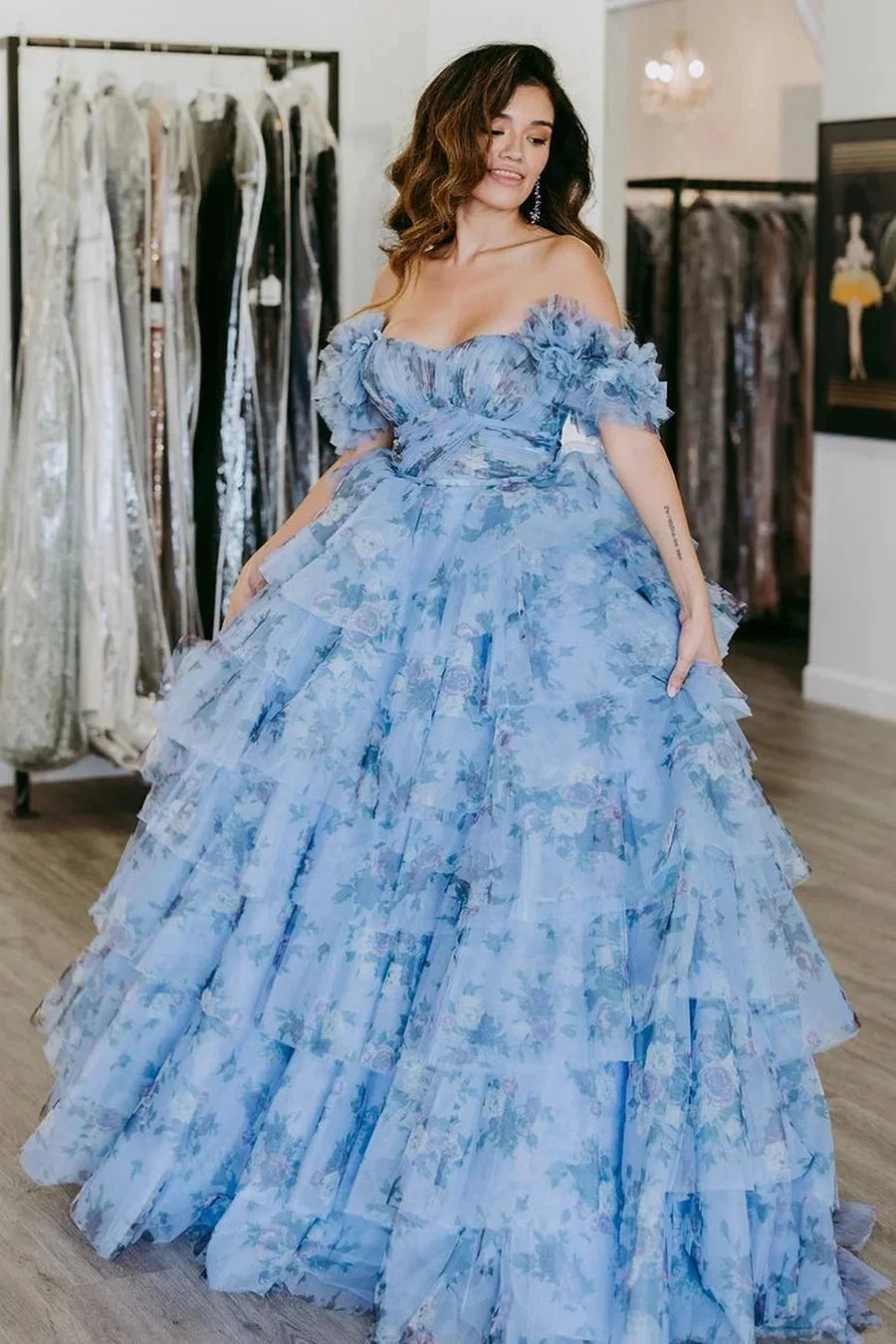 Sigourney | Blue Floral Tiered A-Line Long Prom Dress with Ruffles by KissProm