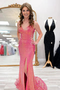 Rosalie | Pink Sequin V Neck Mermaid Long Prom Dresses by KissProm