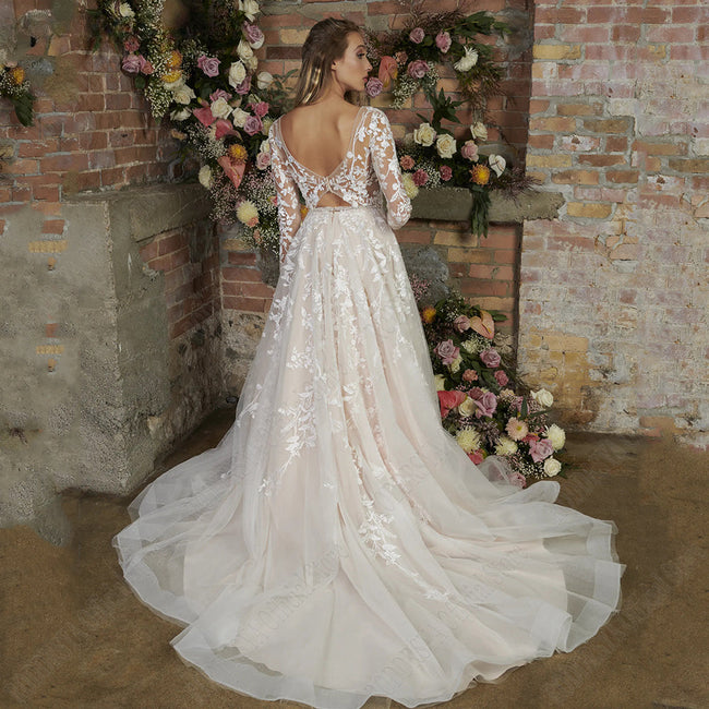 Light Champagne Modern Wedding Dresses Backless Applique Bride Gowns A-Line Tulle V-Neck Long Sleeves vestido de noiva Main Image