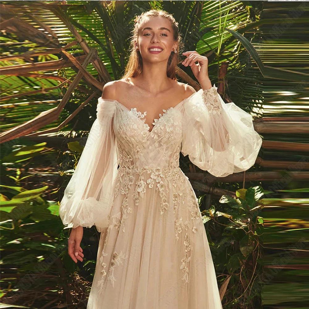 Light Champagne Wedding Dresses Pastrol Puff Long Sleeves 3D Flowers Bride Gowns A-Line Sexy Backless vestidos de novia by payinti
