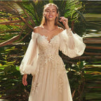 Light Champagne Wedding Dresses Pastrol Puff Long Sleeves 3D Flowers Bride Gowns A-Line Sexy Backless vestidos de novia by payinti