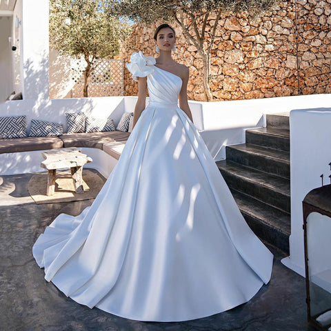Elegant A-Line One Shoulder Stain Wedding Dress Beading Sleeveless Bridal Gowns For Women Custom Made Vestido De Novia