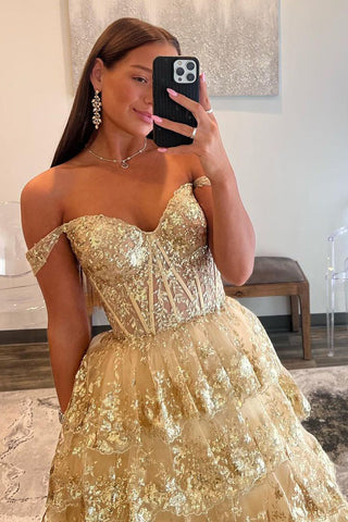 Leona | Schulterfreies Ballkleid im Prinzessinnen-Stil mit Pailletten und Spitze