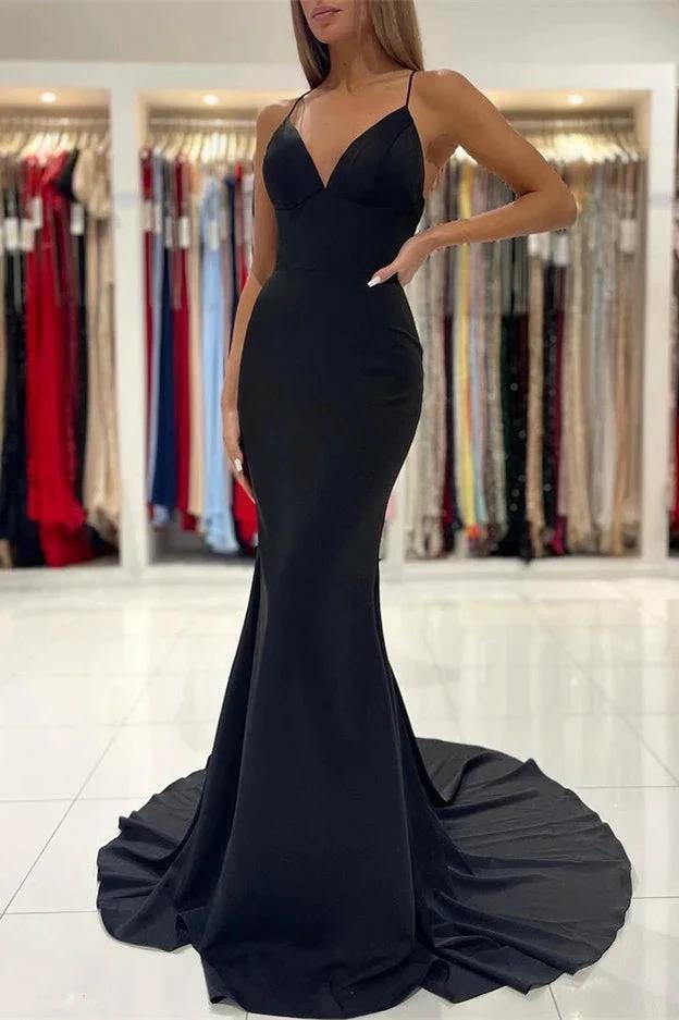 Sleek Black Charmeuse Long Mermaid Prom Gown with Spaghetti Straps by BIZTUNNEL