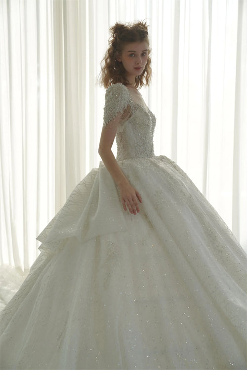 Abito da sposa luminoso a gonna ampia con scollo a illusione, tulle, ricamo con perline di cristallo e strascico con fiocco sul retro Q-6023