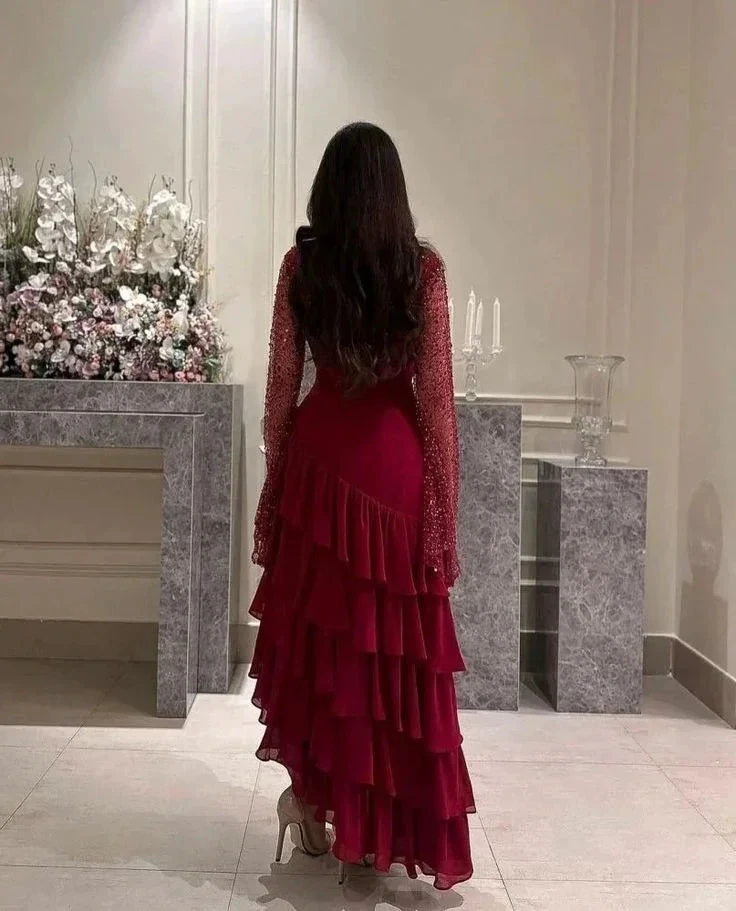 Women's Sequin Prom Dress Chiffon Tiered Burgundy Evening Dress Y7616 by simplepromdress