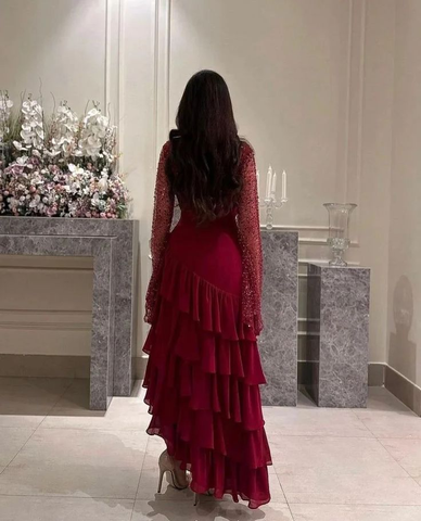 Vestido de fiesta con lentejuelas para mujer, de gasa, con capas, color burdeos, Y7616