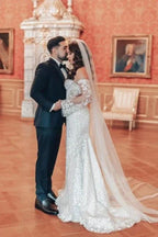 Exquisite Long Mermaid Off-the-shoulder Lace Wedding Dress with Long Sleeves by misshow.com