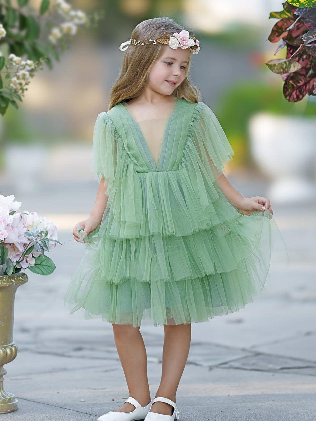 Enchanted Garden Fairy Elegant Tulle Green Flower Girl Dress - photo 2